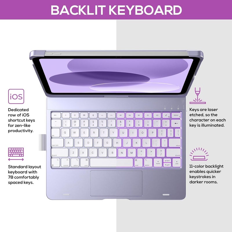 typecase Touch iPad 11th 10th Generation Case with Keyboard (11" 2025, A16 & 10.9" 2022) – 360° Rotatable, 11-Color Backlit, Multi-Touch Trackpad, Pencil Holder, Thin & Light – Light Purple - Image 3